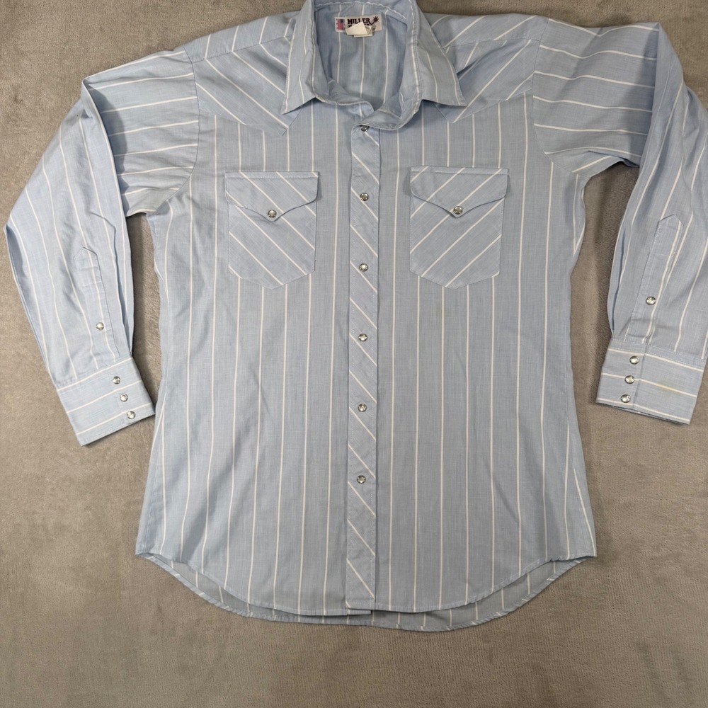 Miller Stockman Western Shirt Mens 16.5 34 Blue White Stripe Pearl Snap USA Made
